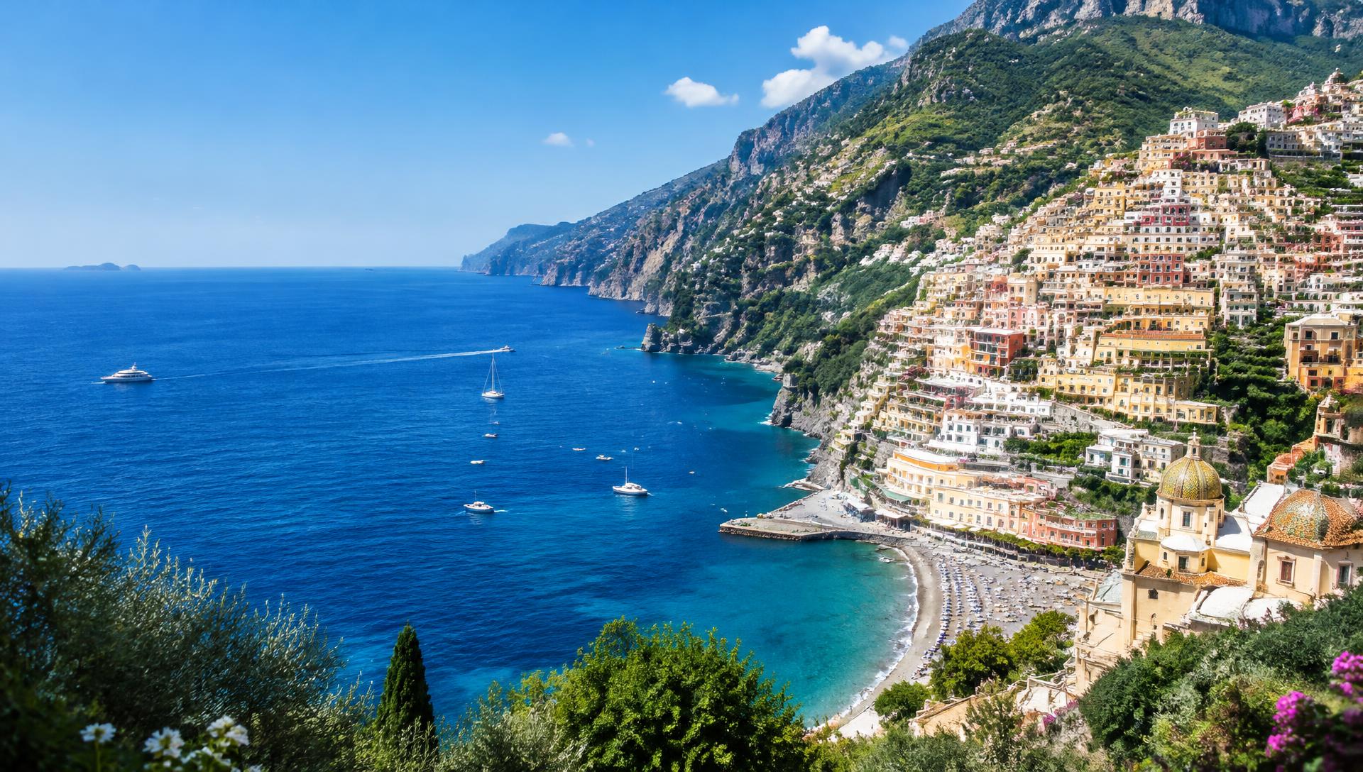 Costa Amalfitana, com a cidade de Positano e o mar Mediterrâneo